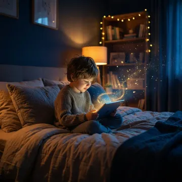 Niño leyendo una historia mágica personalizada con inteligencia artificial